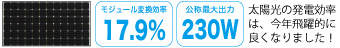 ���W���[���ϊ����� 17.9%�@���̍ő�o�� 230W ���z���̔��d�����́A���N����I�ɗǂ��Ȃ�܂����I